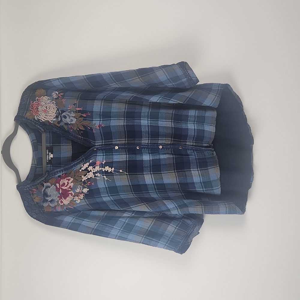 Johnny Was Workshop XL Blue Flannel Embroidered